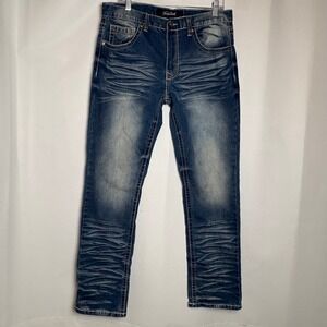 True Luck Mens 34x32 Straight Leg Blue Jeans Thick Stitch Flap Pocket Whiskered